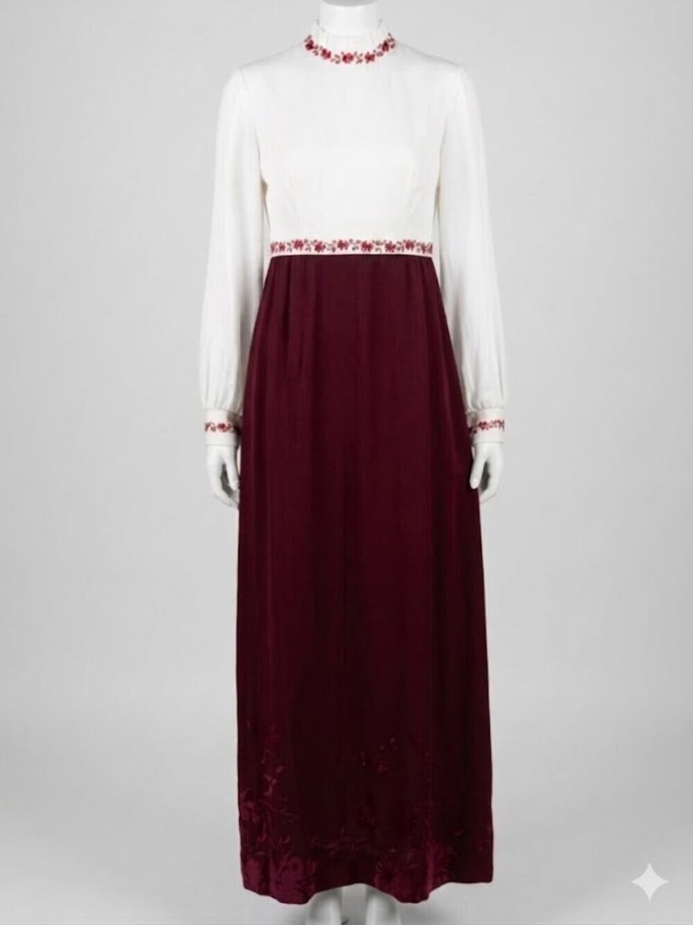 Vintage 1970's Handmade Rococo Maxi Dress - Burgundy Velvet, Empire Waist